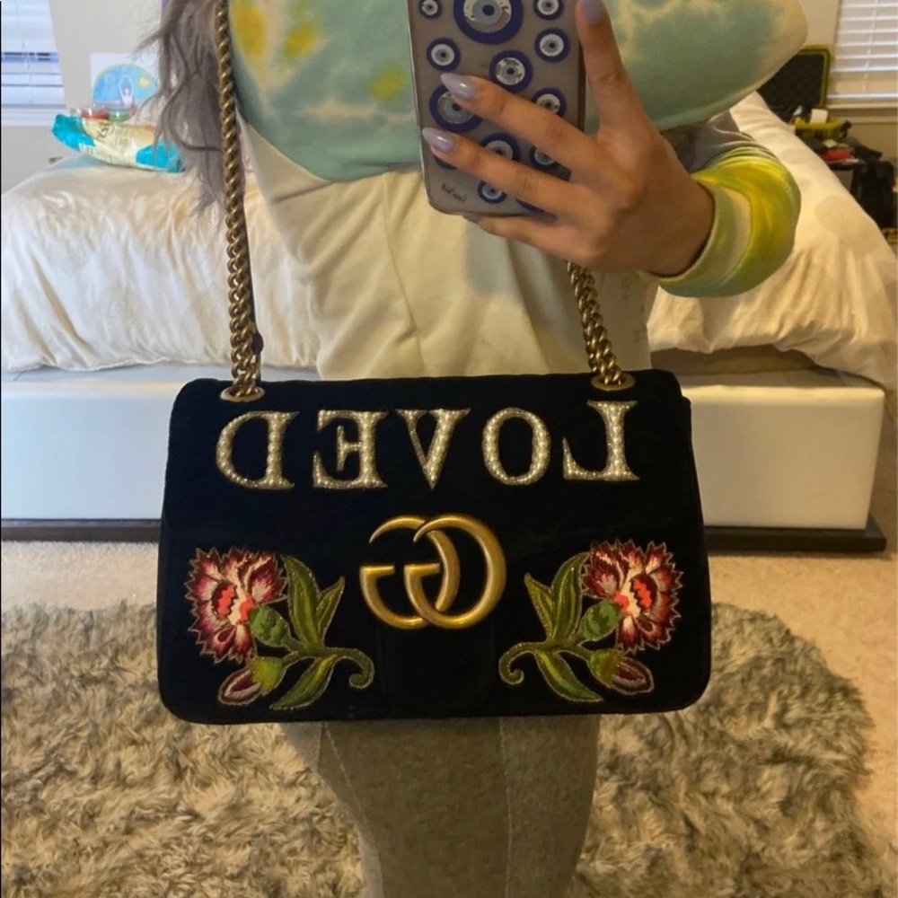 Sold Gucci Marmont Med “Loved” Black  Velvet - Picture 2 of 16